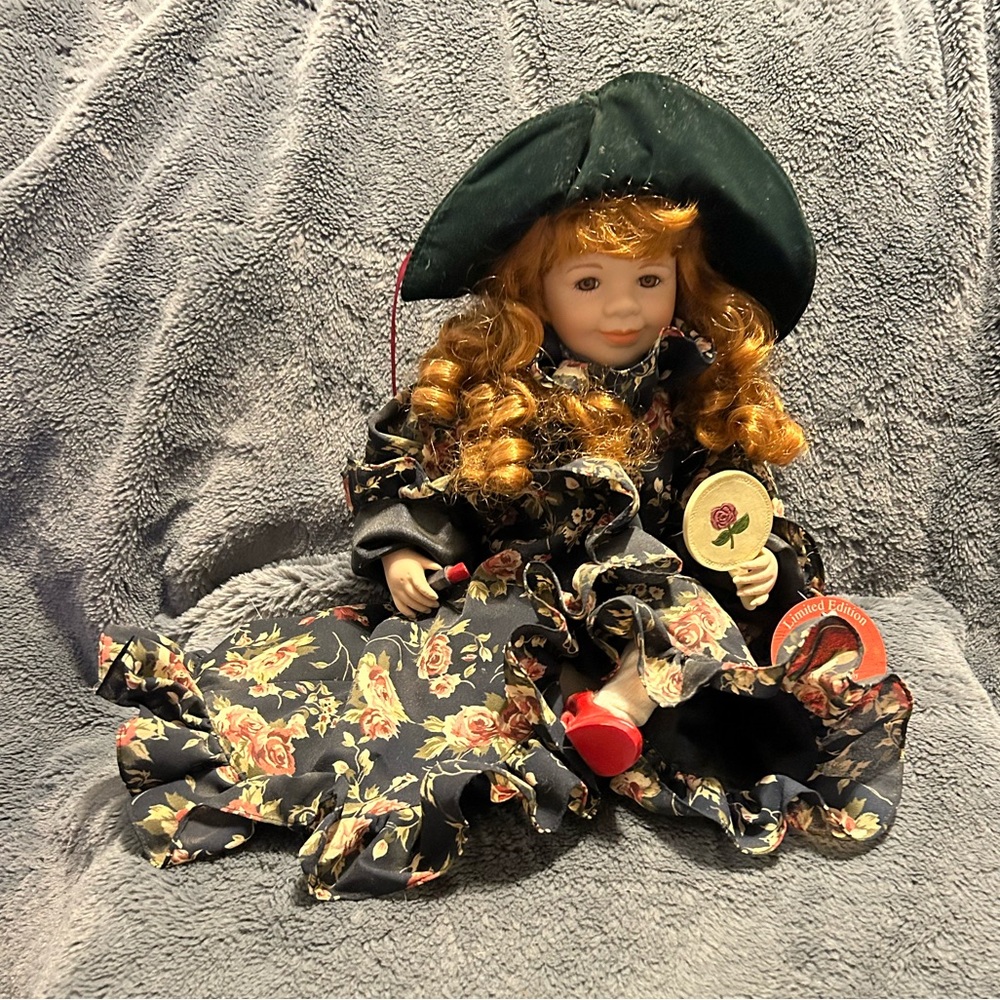 Vintage Readers Digest Porcelain Doll: Meg Elizabeth, Black Floral Dress